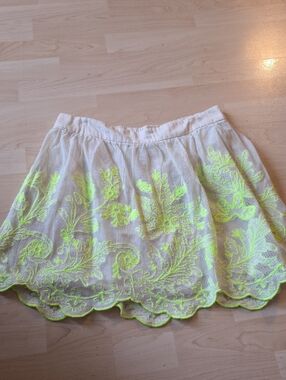 Anthropologie Cream Circle Skirt with Neon Yellow Floral Embroidery